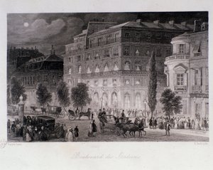 Animation around theatres of the boulevard des Italians in Paris. Engraving by Eugene Louis Lami, 1843