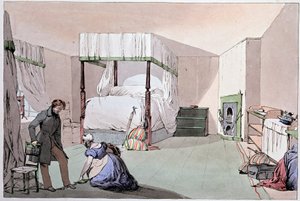 Hostel: a servant helping a customer to put on shoes. Illustration by Eugene Louis Lami (1800-1890), mid-19th century by Eugene Louis Lami