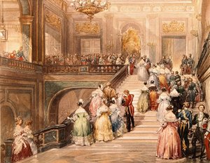 King Louis Philippe I (1773 - 1850) and Queen Marie Amélie de Bourbon (1782 - 1866) received the guests on the occasion of the inauguration of the Museum of Versailles in 1837. Illustration by Eugène Lami (1800 - 1890) by Eugene Louis Lami