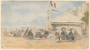 Beach House with Flags at Trouville by Eugène Boudin