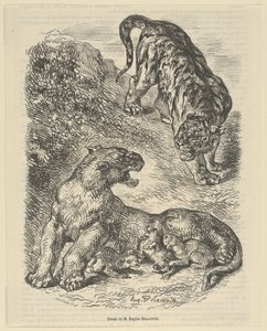 Tigress Attacked by a Tiger While Nursing her Young, 1853