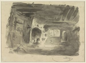 Interior with Kneeling Woman by the Hearth by Eugène François de Block