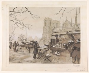 View of the Quai de Montebello in Paris by Eugène Véder (signed by artist)