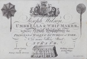 Advertisement for Joseph Wilson, umbrella and whip maker, London by European School