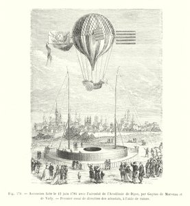 Ascent on June 12, 1784 with the Aerostat of the Academy of Dijon, by Guyton de Morveau and de Virly, First Attempt to Steer Aerostats Using Oars (engraving) by European School