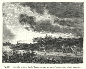 Road Worker Giving Alarm Signal and Running Ahead of a Train to Prevent an Accident (engraving) by European School