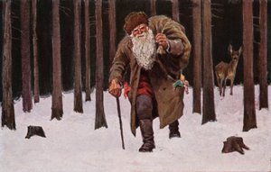Christmas Card, Santa Claus Trudging Through the Snow with Bag of Presents, Deer in Background