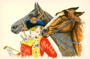 Coquettish, Colourfully Dressed Woman with Two Horses