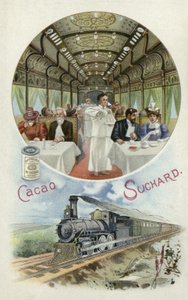 Drinking Suchard cocoa in the dining car of a train