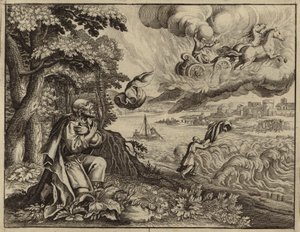 Elisha watching his father Elijah being carried to Heaven by a whirlwind by European School