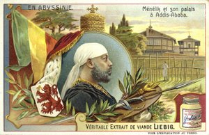 Emperor Menelik II of Ethiopia and his palace at Addis Ababa by European School