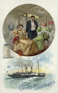 Enjoying Suchard cocoa on board a ship