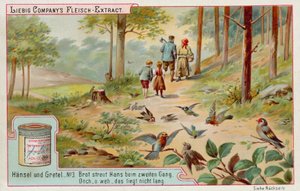 Hansel and Gretel: Birds eating the trail of breadcrumbs left by Hansel to find the way home