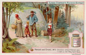 Hansel and Gretel: Hansel leaving a trail of pebbles to find the way home by European School