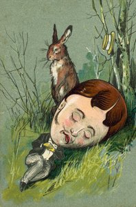 Hare Sitting Next to a Sleeping Man in the Countryside by European School