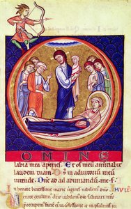 Historiated initial depicting the death of the Virgin, from an unknown manuscript, 12th-13th century by European School