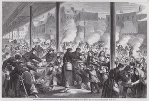 Hungry Parisians begging for food from German soldiers camped on the market square of St Denis after the end of the Siege of Paris, Franco-Prussian War
