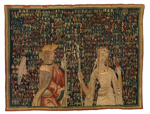 Mille Fleurs Tapestry Fragment Depicting Shepherd and Shepherdess or Lady and Youth