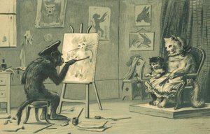 Monkey Painting a Portrait of a Cat and a Kitten by European School
