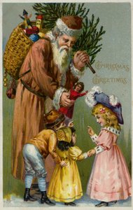 Santa Claus Giving Presents and a Christmas Tree to Children