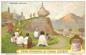 Siamese Buddhists worshipping at a balancing rock shrine by European School