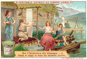 Spinning and Weaving in an Ancient Lakeside Village by European School