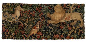 Tapestry Fragment of Mille Fleurs Depicting Doe, Lion and Pheasant