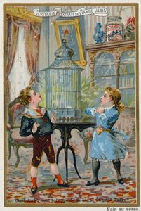 Two children wondering where their pet caged bird has escaped to by European School