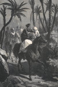 Cervantes rides a horse with a woman in an oasis by Eusebio Planas