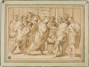 Scene from Roman History, with Draped Figure Presenting Book to Ruler by Eustache Le Sueur