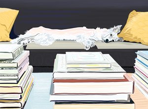 Minnie On Couch with Books, c.2020-24 by Evan Sklar