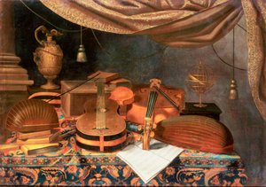 A Guitar, a Cello, Lutes, a Musical Score and Other Books, a Gilt Ewer and an Armillary Sphere on a Draped Table, a Column Beyond and a Curtain Above