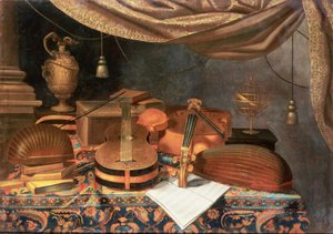 A guitar, a cello, lutes, a musical score and other books and an armillary globe on a draped table