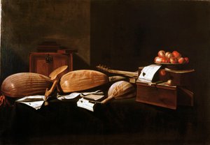 Still life with Peaches and musical instruments. Painting by Evaristo Baschenis 17th century