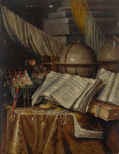 Vanitas Still Life with a Globe, Books, and a Box of Jewels All Resting on a Draped Table