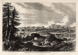 View of Victoria-Vancouver, capital of British Columbia, drawing by Auguste de Berard, to illustrate the exploration of the Rocky Mountains in 1857-59 by Captain John Palliser. Engraving in "Le tour du monde, nouveau journal des voyages" Paris