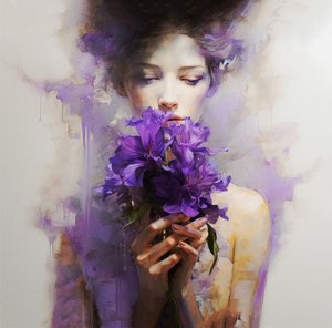 A beautiful woman wears abstract purple flowers by F. Abderrahim