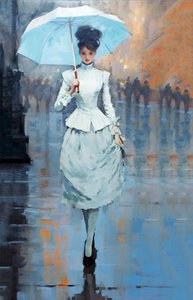 A young woman stands on the street holding an umbrella