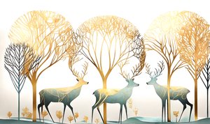 Deer Animal & Gold Tree, Abstract Pastel Colors by F. Abderrahim