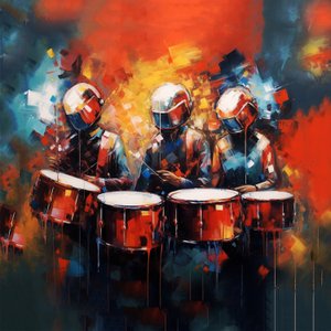 Group of musicians drummers playing drums, rock music