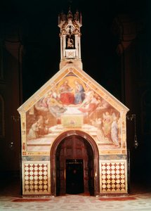 Exterior of the Porziuncola Chapel with a fresco showing St Francis receiving the Pardon of Assisi; Interior of Santa Maria degli Angeli by F and Poletti Overbeck