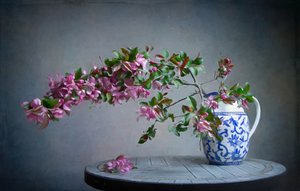 Pink Blooms in Blue Vase by Fangping Zhou