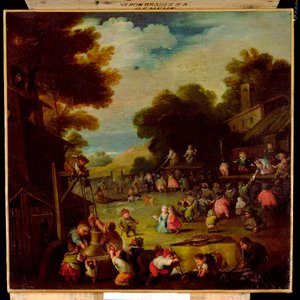 Pygmies at a Fair, Drawing Water from a Well in the Foreground and Watching Theatrical Performances Beyond