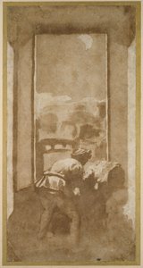 Man Drawing by Moonlight from the Window of a House