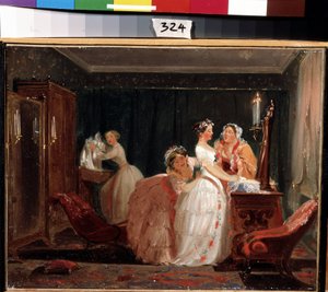 The Wedding Preparation. A young bourgeois girl in a wedding dress preparing for the ceremony. Work by Feodor Andreyevich Bronnikov (1827-1902) by Fedor Andreevich Bronnikov