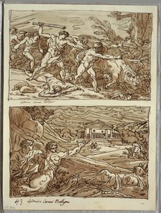 Remus Drives Away and Kills the Robbers of the Herds; Sanctuary for the Fugitives on the Campidoglio, Two Studies after Carracci by Felice Giani