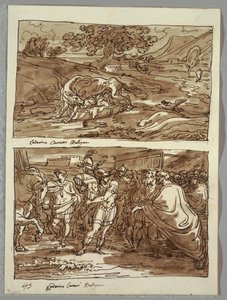 Romulus and Remus Suckled by the Wolf; Romulus Dedicates to Jove Feretrius the Spoils of Conquered King Acronius, Two Studies after Carracci by Felice Giani