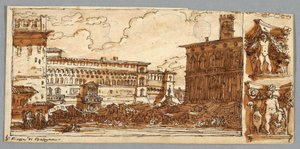 Sketchbook Page, Folio 57: Study after Piazza Emmanuelle in Bologna; Verso, Architectural Detail by Felice Giani