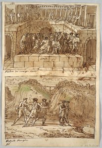 Sketchbook Page, Folio 98: Two Paintings after Caravaggio and Raphael; Verso: Eagle and Ox by Felice Giani