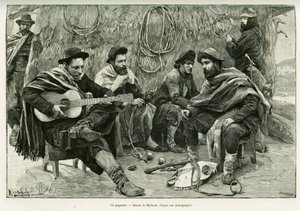 A payador, duel in verse of walking singers. Engraving to illustrate the story Voyage a la Plata, in 1886, by Emile Daireaux, in le tour du monde 1888, directed by Edouard Charton, Hachette, Paris. by Felicien baron de Myrbach Rheinfeld